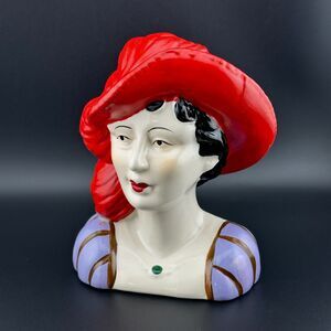 Vintage Lady Head Bust Figurine Ceramic Red Hat with Feather Hand Painted 5.5" H